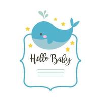 baby shower frame kaart met walvis en hallo baby belettering, hand tekenen stijl vector