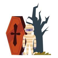 halloween mummie cartoon doodskist en kale boom vector ontwerp