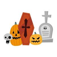 halloween pompoenen, graf, schedel en doodskist vector ontwerp