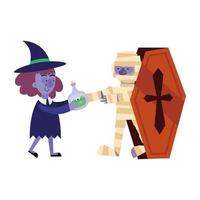 Halloween-heks met gif en mummiebeeldverhaal in doodskist vectorontwerp vector