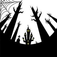 halloween huis, graf en kale bomen vector ontwerp