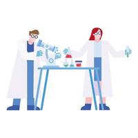 chemische man en vrouw met microscoop en kolven bij bureau vectorontwerp vector