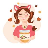glimlachen meisje met een fles kan. vector illustratie voor nationaal pinda boter geliefden dag