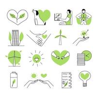 groot reeks van vlak conceptuele zwart groen esg pictogrammen. verzameling van milieu, technologisch en sociaal symbolen. vector illustratie