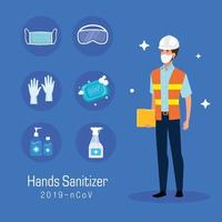 ingenieur met masker en handen ontsmettingsmiddel preventie tips vector ontwerp