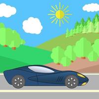 donker blauw sport auto Aan een weg Aan een zonnig dag. zomer reizen illustratie. auto over- landschap. vector