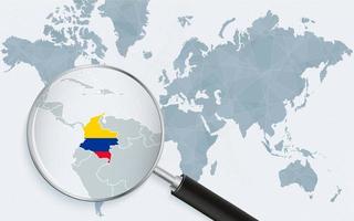 wereld kaart met een vergroten glas richten Bij Colombia. kaart van Colombia met de vlag in de lus. vector