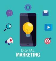 smartphone en gloeilamp met icon set van digitale marketing vector design