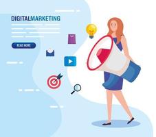 vrouw met megafoon en icon set van digitale marketing vector design