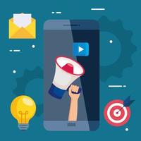 smartphone met megafoon en icon set van digitale marketing vector design