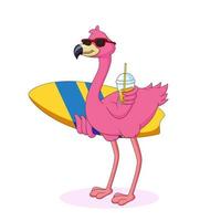 schattig flamingo tekenfilm draag- een surfboard vector