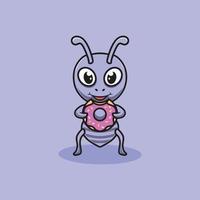 schattig mier aan het eten donut tekenfilm illustratie vector