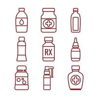 verschillend vormen van medisch flessen. lijn pictogrammen geïsoleerd Aan wit achtergrond. vector illustratie.