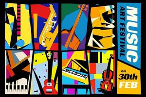 muziek- en kunst festival. vector illustratie van een reeks van abstract jazz- achtergronden met musical instrumenten. gitaar, piano, saxofoon en viool.