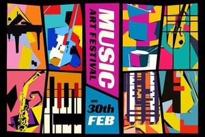 muziek- en kunst festival. vector illustratie van een reeks van abstract jazz- achtergronden met musical instrumenten. gitaar, piano, saxofoon en viool.