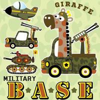 grappig giraffe Aan leger vrachtwagen, leger voertuigen Aan camouflage achtergrond, vector tekenfilm illustratie