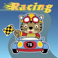 grappig kat Aan racing auto, vector tekenfilm illustratie