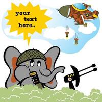 schattig olifant soldaat in slagveld met vechter Jet, vector tekenfilm illustratie