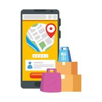 smartphone met gps markeerdozen en zakken met veilig leveringsvectorontwerp vector