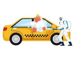 man met beschermend pak taxi auto spuiten met covid 19 virus vector ontwerp