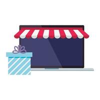 laptop met tent en cadeau vector ontwerp