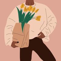 boeket hand- Holding tulpen. maart 8 Valentijnsdag dag vector