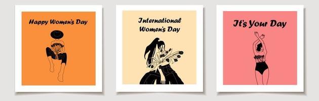 Internationale vrouwen dag. een reeks van groet kaarten met vrouw bloeiend van binnen vlak vector illustratie. naakt vrouw met bloemen groeit van borst.