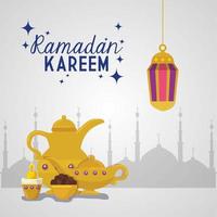 ramadan kareem islamitische kaart, gouden lantaarns opknoping met gouden voorwerpen vector