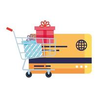 geschenken in winkelwagen en creditcard vector ontwerp