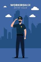 politieagent die gezichtsmasker draagt tijdens covid 19 met stadsgezicht vector