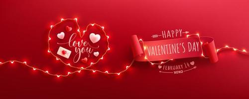 happy Valentijnsdag poster of banner met symbool van hart van led lichtslingers en Valentijn elementen op rode achtergrond. promotie- en winkelsjabloon voor liefde en valentijnsdagconcept. vector