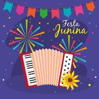 festa junina met accordeon en decoratie, het festival van juni van brazilië, feestdecoratie vector