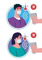 Covid 19 coronavirus, handen met infraroodthermometer om de lichaamstemperatuur te meten, paar controleer de temperatuur vector