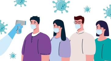 covid 19 coronavirus, hand met infraroodthermometer om de lichaamstemperatuur te meten, mensen controleren de temperatuur vector