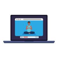 online, yoga concept, man afro beoefent yoga en meditatie, kijkt naar een uitzending op een laptopcomputer vector