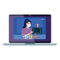 online winkelen op website of mobiel, vrouw met medisch masker tegen covid 19 met bord opknoping in laptop vector