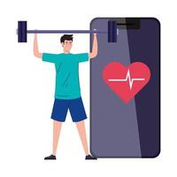 fitness-, training- en workout-app, man die sport beoefent in smartphone, sport online