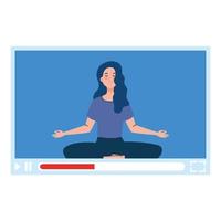 online, yoga concept, vrouw beoefent yoga en meditatie, kijkt naar een uitzending op een webpagina vector