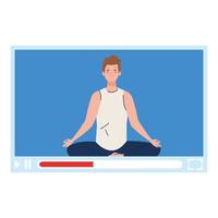 online, yoga concept, man beoefent yoga en meditatie, kijkt naar een uitzending op een webpagina vector