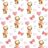 teddy beren, hartvormig lucht ballonnen, rood bogen en harten Aan de wit achtergrond. waterverf naadloos patroon st. Valentijnsdag dag. perfect voor omhulsel papier, achtergrond, behang, textiel ontwerp. vector