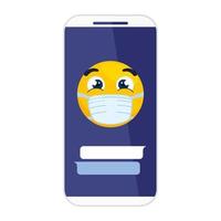 smartphone met emoji die medisch masker op witte achtergrond draagt vector