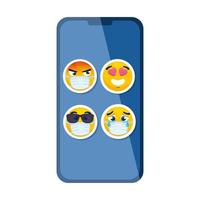 smartphone met emoji's die medisch masker op witte achtergrond dragen vector