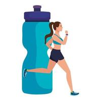 vrouw met achtergrond van fles plastic drankje, vrouwelijke atleet met hydratatie fles vector