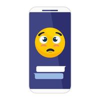 smartphone en emoji met ogen open en gezicht van alstublieft, gezicht geel met gezicht van alstublieft op smartphone vector