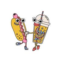 tekenfilm retro heet hond en limonade drinken in plastic kop karakters. Holding handen wijnoogst mascottes. groovy paar in liefde. Valentijnsdag dag geïsoleerd concept. contour vector illustratie.