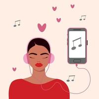 mooi jong meisje in hoofdtelefoons luisteren naar favoriete muziek- en lachend. melomanisch, muziek- minnaar, fan. vrouw genieten van liedjes in koptelefoon via smartphone, vlak vector illustratie