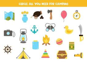 vind en cirkel allemaal items dat zijn voor camping. logisch spel voor kinderen. vector