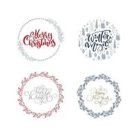 vector set collectie hand getrokken kerstkransen met xmas tekst. dennentakken, rode bessen, bladeren en andere elementen. rond frame voor winterontwerp kerstkaart, poster, banner