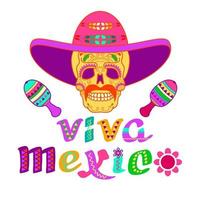 viva Mexico, versierd logo. tekenfilm brieven, schedel, maracas. vector illustratie.