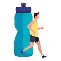 man loopt met achtergrond van fles plastic drankje, mannelijke atleet met hydratatie fles vector